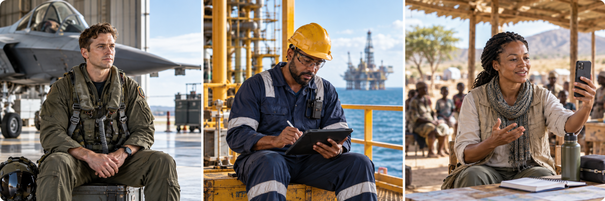 Future contexts: a pilot taking a quiet pause, an offshore worker using a tablet and an NGO professional recording a message.