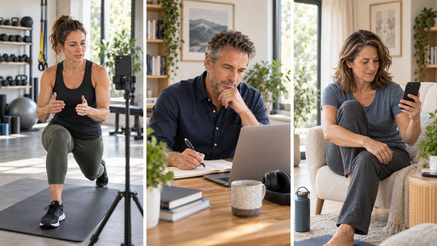 A professional recording exercise guidance, a coach reviewing context at his laptop, and a person using Recalib at home.